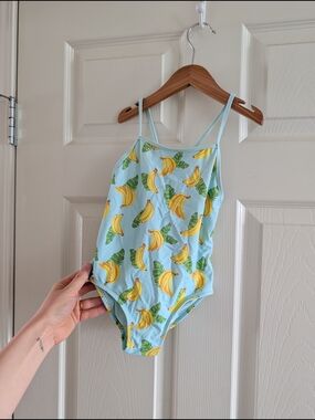 Zara 4T Girls Kids One-Piece Swimsuit in Light Blue and Yellow Banana Print